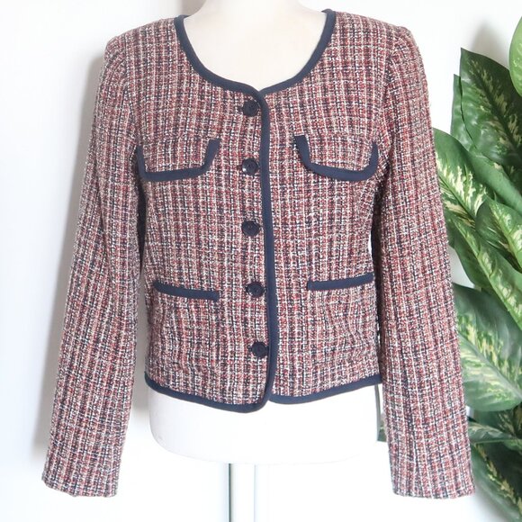 Soaked in Luxury Navy & Tan Tweed Blazer Bouclé Cropped Shoulder Pad Jacket Sz 6 - Picture 9 of 16